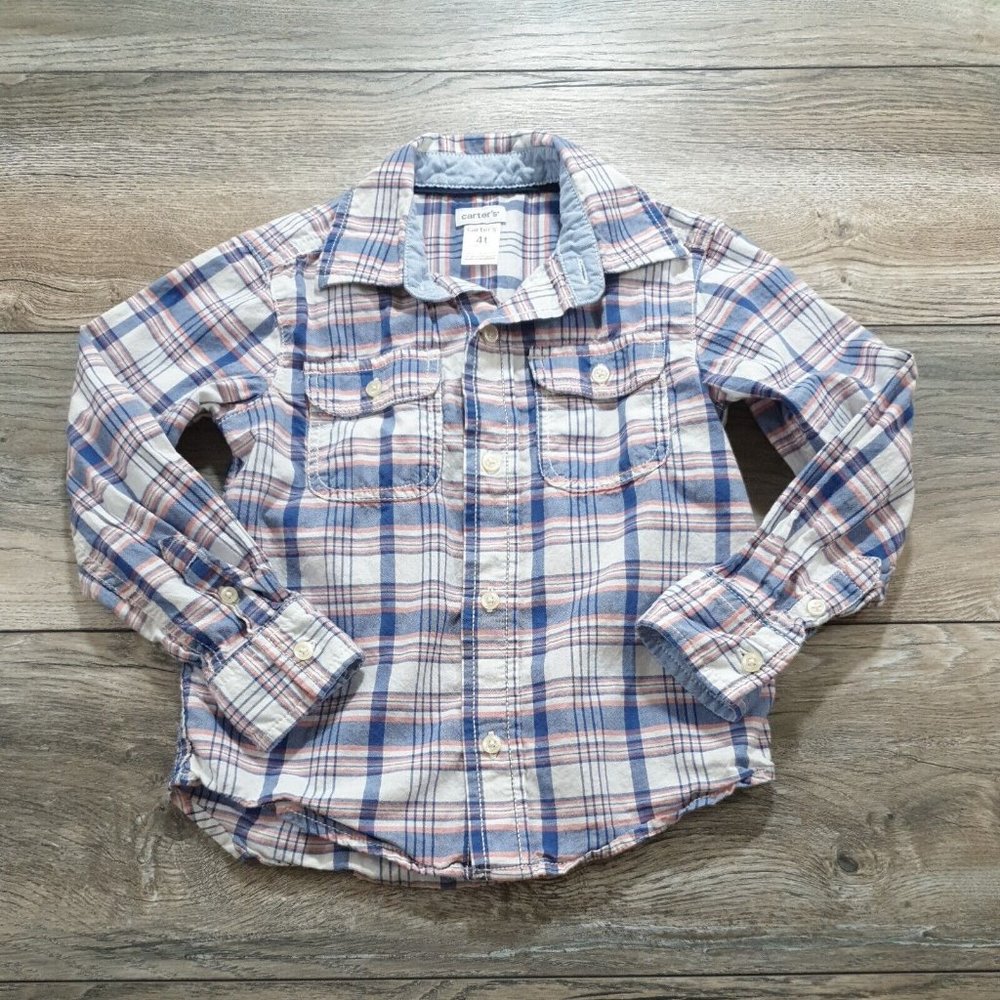 Carters 4T Boys long Sleeve Shirt Plaid Blue Pink Reveal Party Casual Play Child